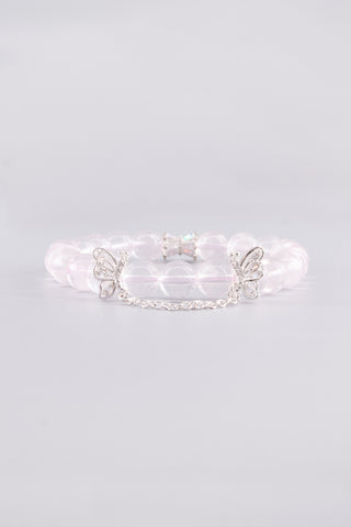 Transparentes Rosenquarz Armband 8 mm – Seitenansicht des handgefertigten Schmuckstücks, Linkwing Kollektion von Gembonbon